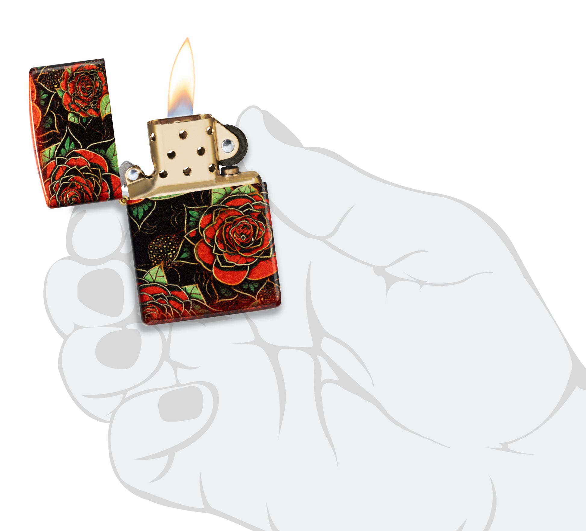 Zippo Blooming Roses Design 540 Tumbled Brass Windproof Lighter lit in hand.