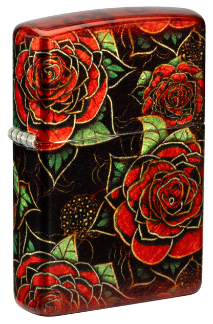 Front shot of Zippo Blooming Roses Design 540 Tumbled Brass Windproof Lighter standing at a 3/4 angle.
