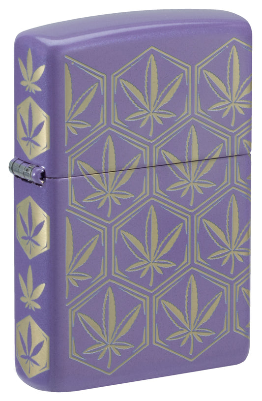 Front shot of Zippo Honeycomb Cannabis Design Smoky Lavender Windproof Lighter standing at a 3/4 angle.