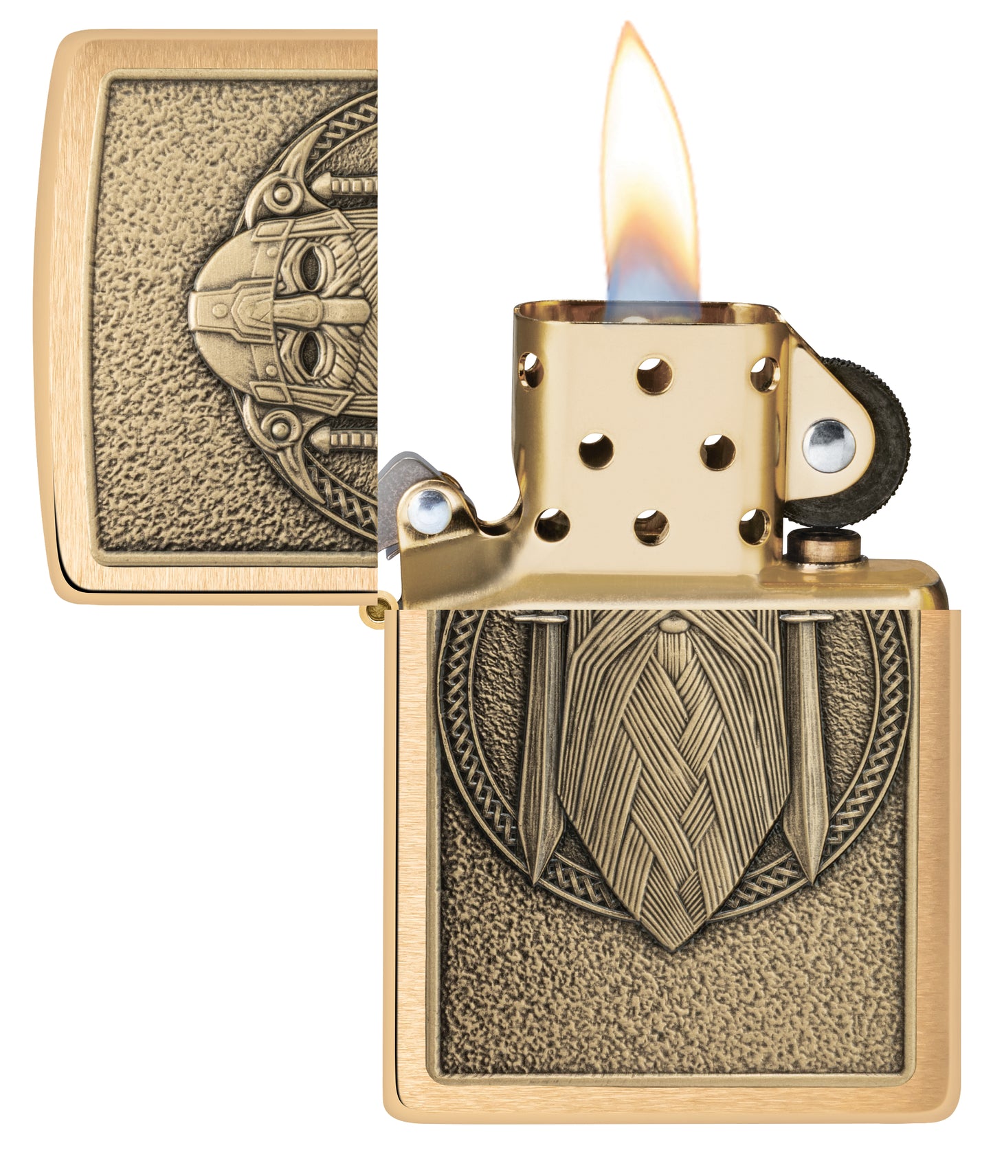 Zippo Odin Emblem Brushed Brass Windproof Lighter with its lid open and lit.