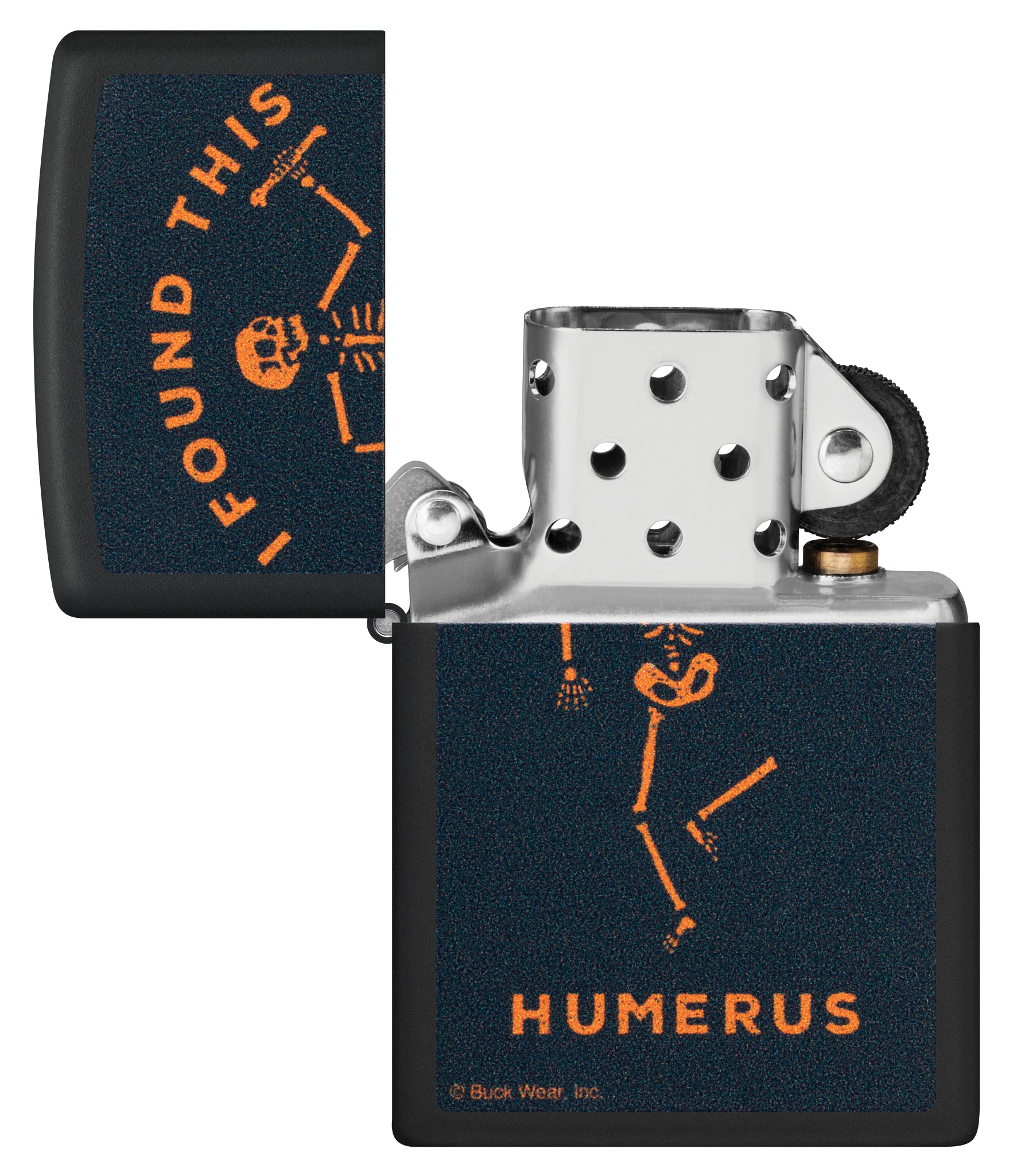 Zippo Buck Wear™ Humerus Design Black Matte Windproof Lighter with its lid open and unlit.