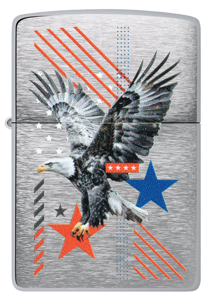 Front view of Zippo Abstract Americana Design Brushed Chrome Windproof Lighter.