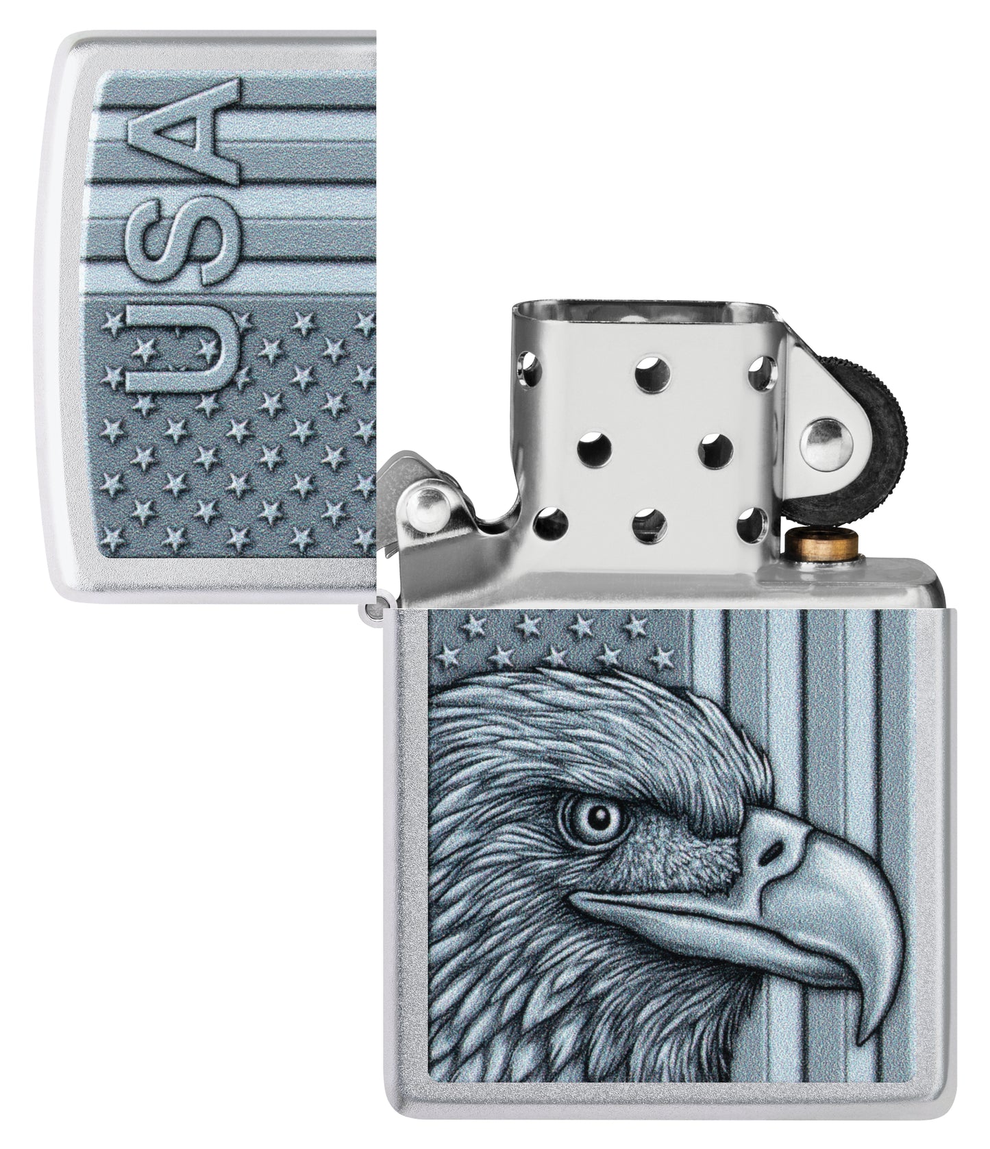 Zippo USA Pride Design Satin Chrome Windproof Lighter with its lid open and unlit.