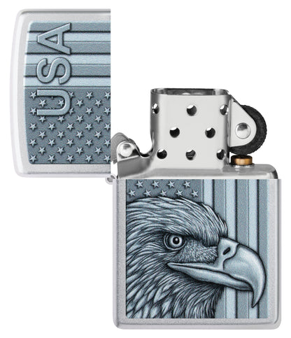 Zippo USA Pride Design Satin Chrome Windproof Lighter with its lid open and unlit.