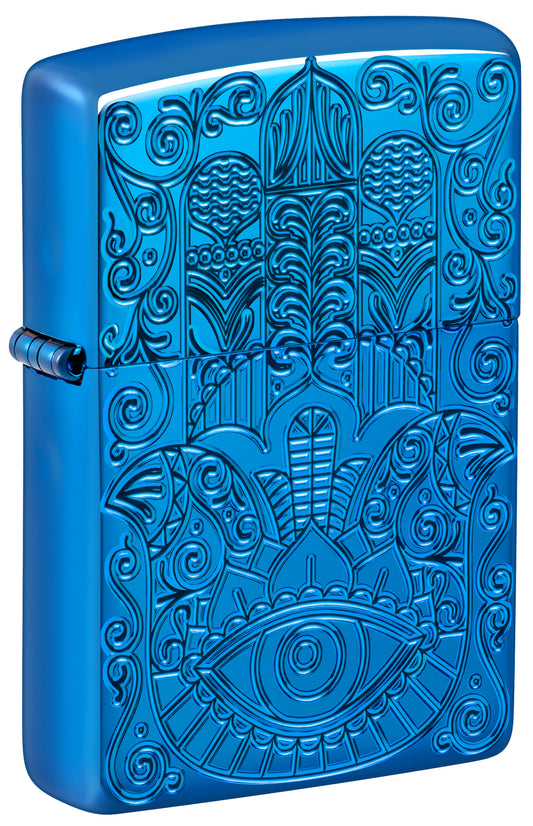 Front shot of Zippo Hamsa Armor® High Polish Blue Windproof Lighter standing at a 3/4 angle.