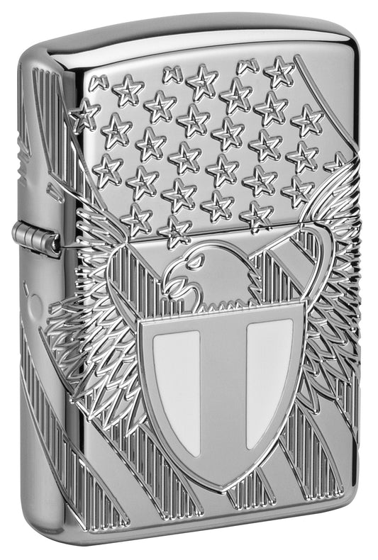 Front of Zippo Liberty Crest Collectible ArmorÂ® High Polish Chrome Windproof Lighter standing at a 3/4 angle.