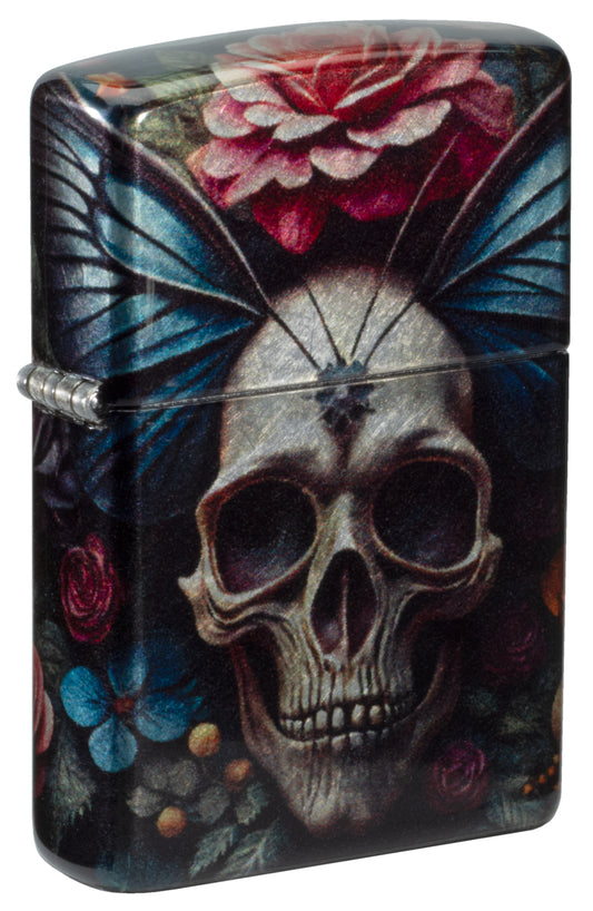 Front shot of Zippo Butterfly Skull Design 540 Tumbled Chrome Windproof Lighter  standing at a 3/4 angle.