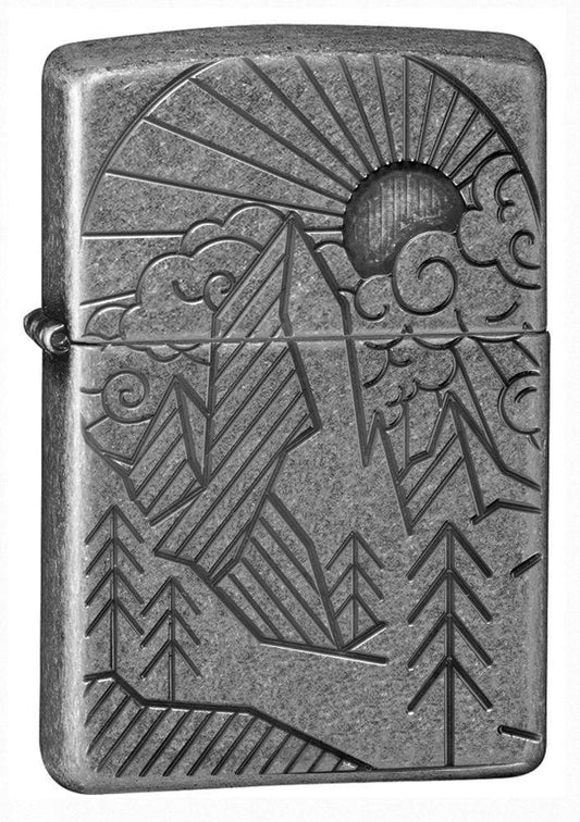ArmorÂ® Antique Silver Mountain Design Windproof Lighter standing at a 3/4 angle