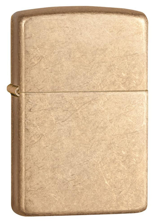 ArmorÂ® Tumbled Brass Windproof Lighter standing at a 3/4 angle