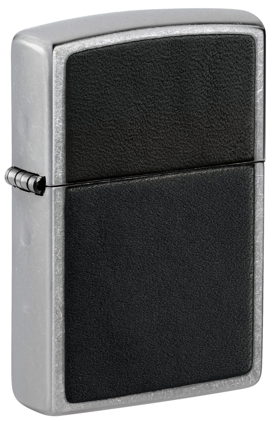 Front shot of Zippo Black Leather Emblem Street Chrome Windproof Lighter standing at a 3/4 angle.