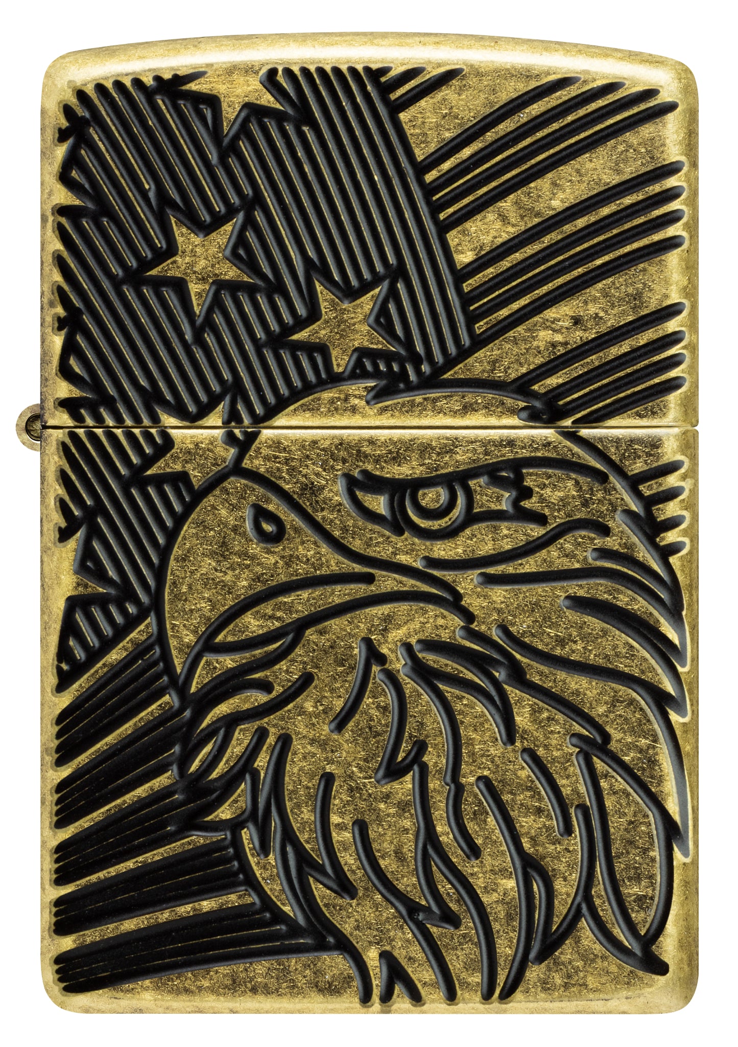 Front view of Zippo Eagle and Flag Design Armor® Antique Brass Windproof Lighter.