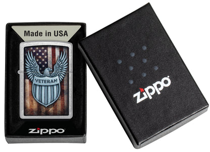 Zippo Veteran Crest Design Street Chrome Windproof Lighter in its packaging.
