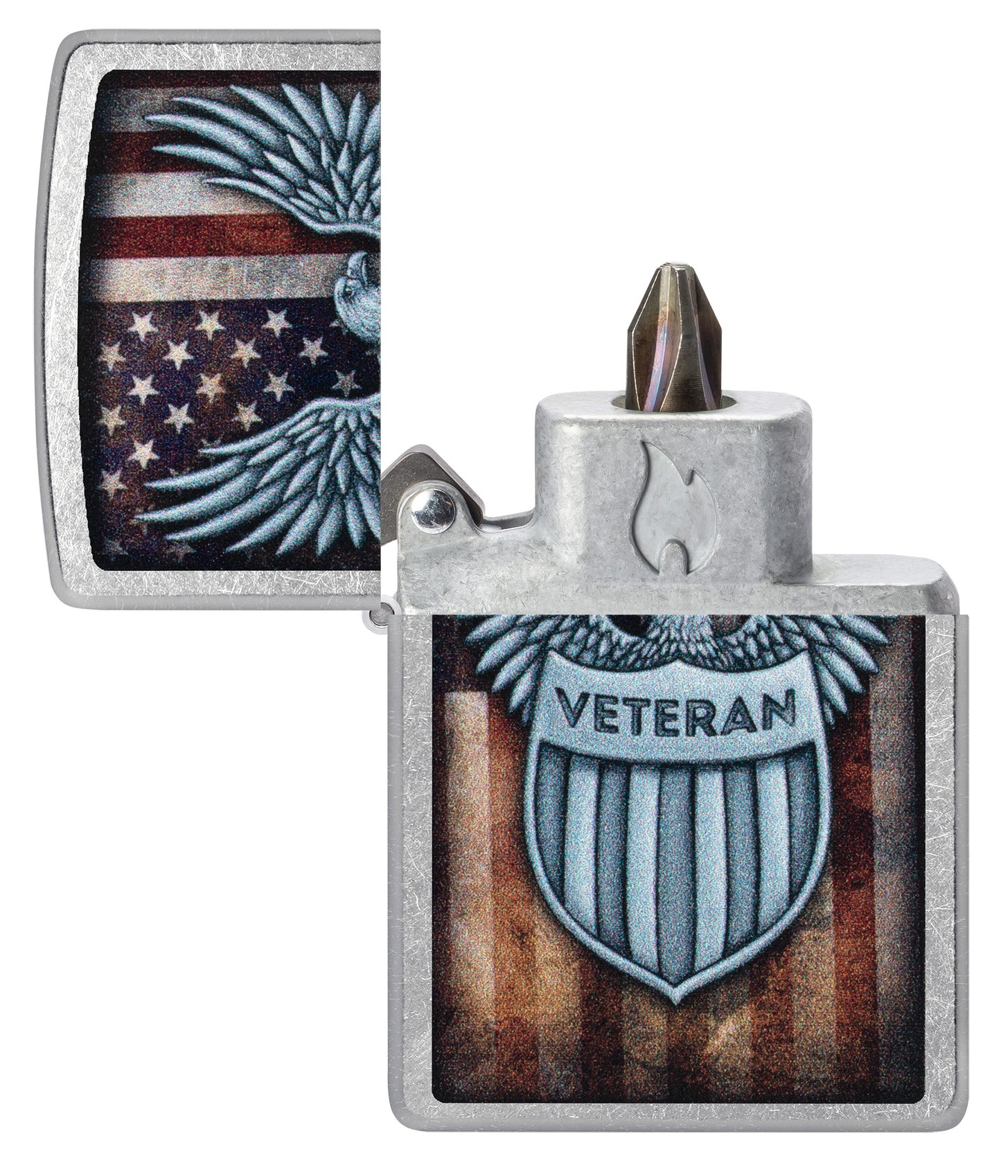 Veterans Crest Design Windproof Lighter with its lid open and showing the Bit Safe Screwdriver USA. 