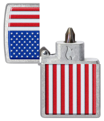 Zippo Patriotic Design Windproof Lighter with its lid open and showing the Bit Safe Screwdriver USA. 