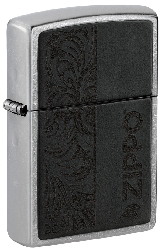 Front shot of Zippo Black Leather Emblem - Zippo Design Street Chrome Windproof Lighter standing at a 3/4 angle.