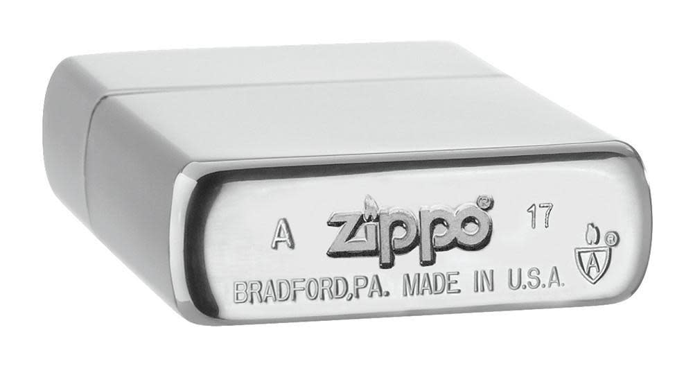 ArmorÂ® Brushed Chrome Windproof Lighter laying flat, showing the bottom stamp