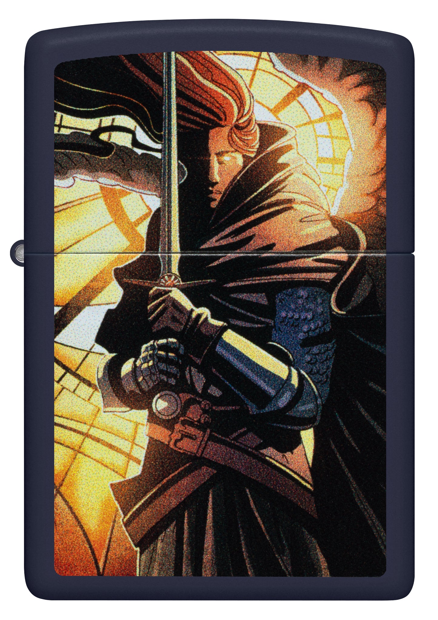 Front view of Zippo Abstract Knight Design Navy Matte Windproof Lighter.