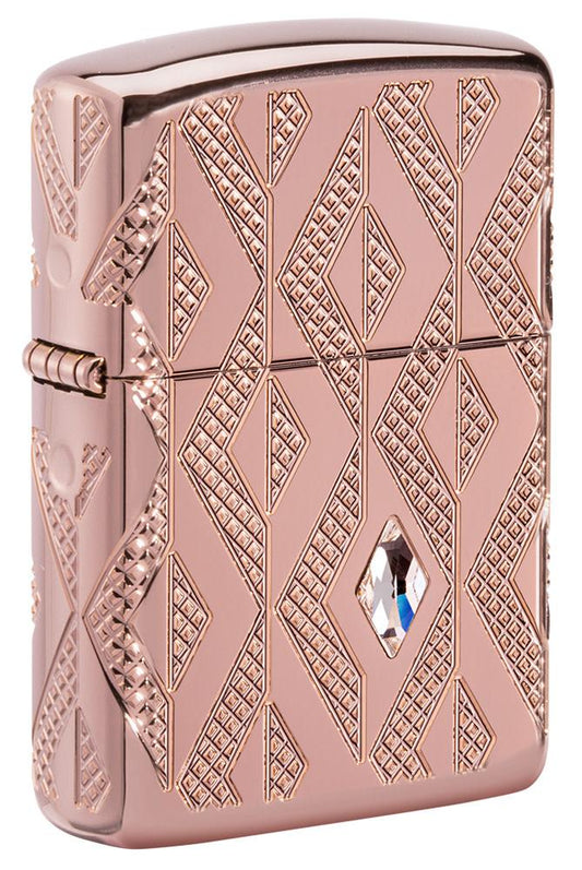 Front shot of Geometric Diamond Pattern Design ArmorÂ® Rose Gold Windproof Lighter standing at a 3/4 angle.