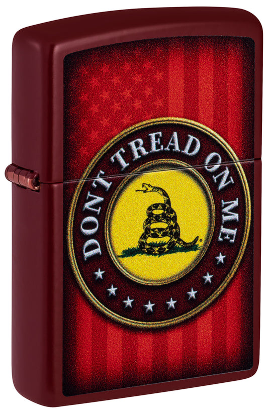 Front shot of Zippo Dont Tread on MeÂ® Merlot Windproof Lighter standing at a 3/4 angle.