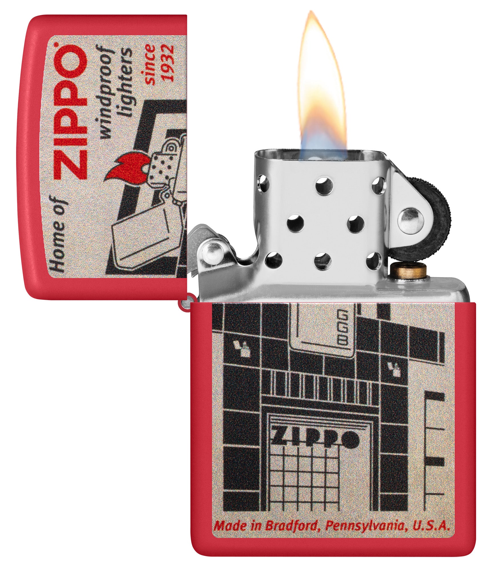 Zippo Blueprint Design Red Matte Windproof Lighter with its lid open and lit.


