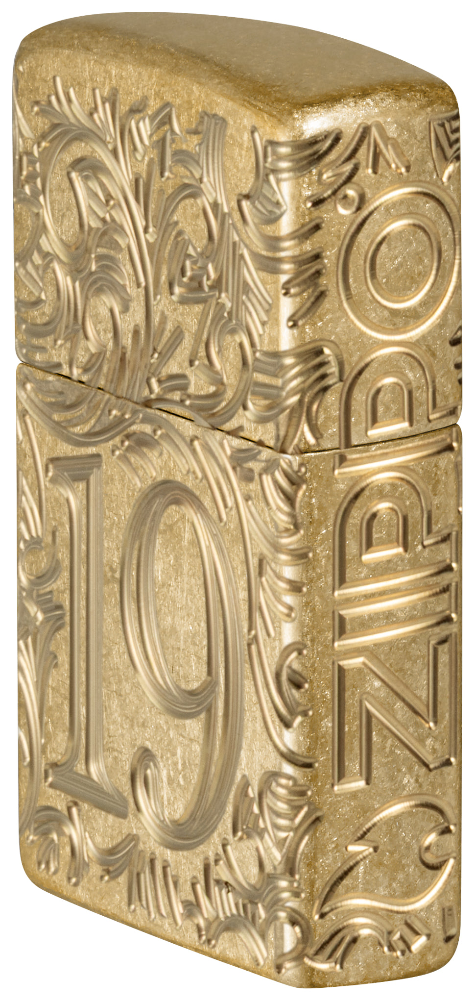 Angled shot of  Zippo 1932 Filigree Design  Armor® Tumbled Brass Windproof Lighter showing the front and right sides of the lighter.