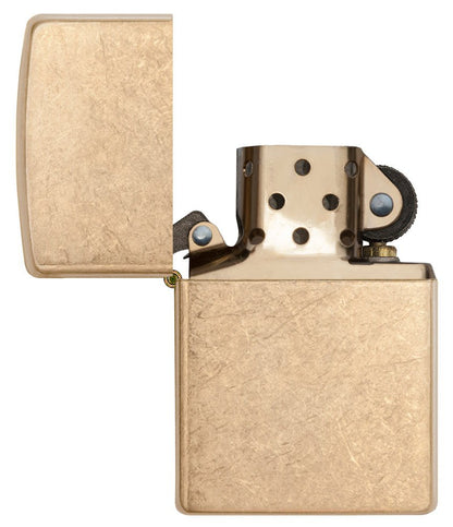 ArmorÂ® Tumbled Brass Windproof Lighter with its lid open and unlit.