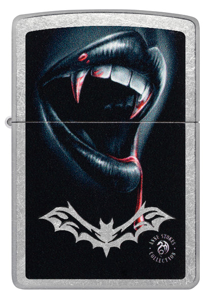 Front view of Zippo Anne Stokes Bite Design Street Chrome Windproof Lighter.