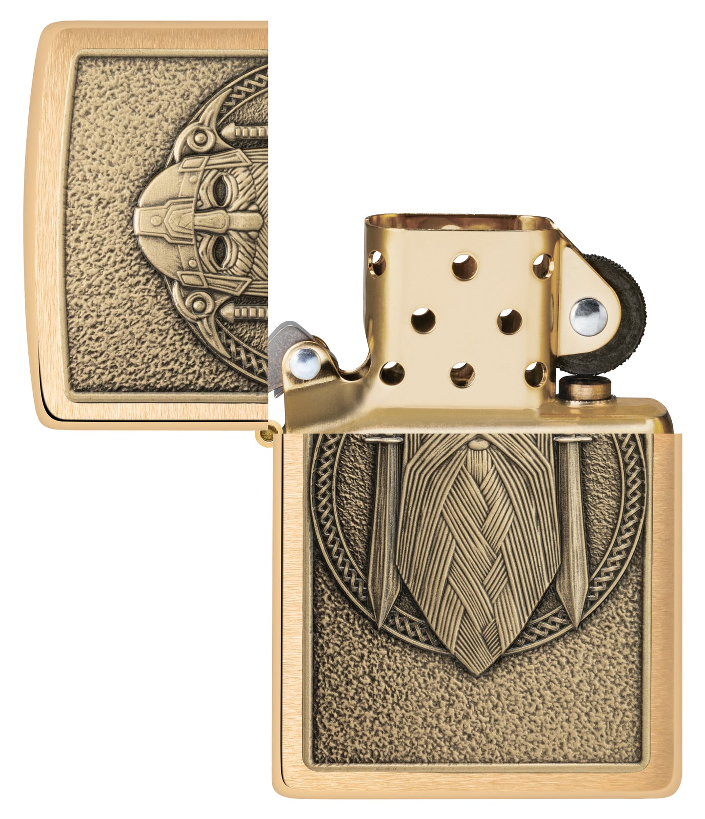 Zippo Odin Emblem Brushed Brass Windproof Lighter with its lid open and unlit.