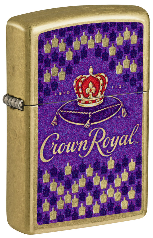 Front shot of Zippo Crown Royal® Bottle Design Street Brass Windproof Lighter standing at a 3/4 angle.