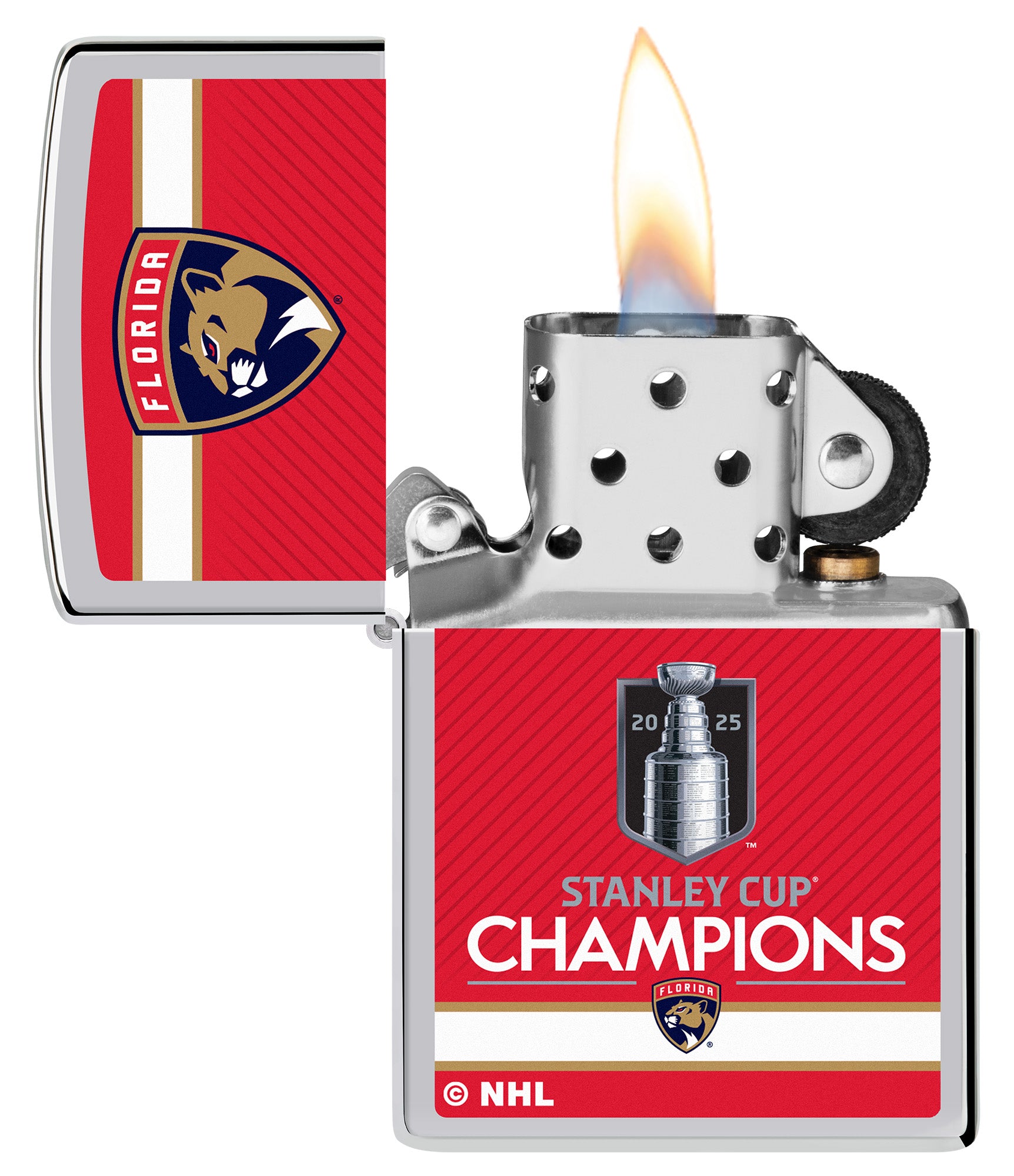 2025 Stanley Cup® Champions Florida Panthers Windproof Lighter with its lid open and lit.