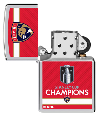 2025 Stanley Cup® Champions Florida Panthers Windproof Lighter with its lid open and unlit.