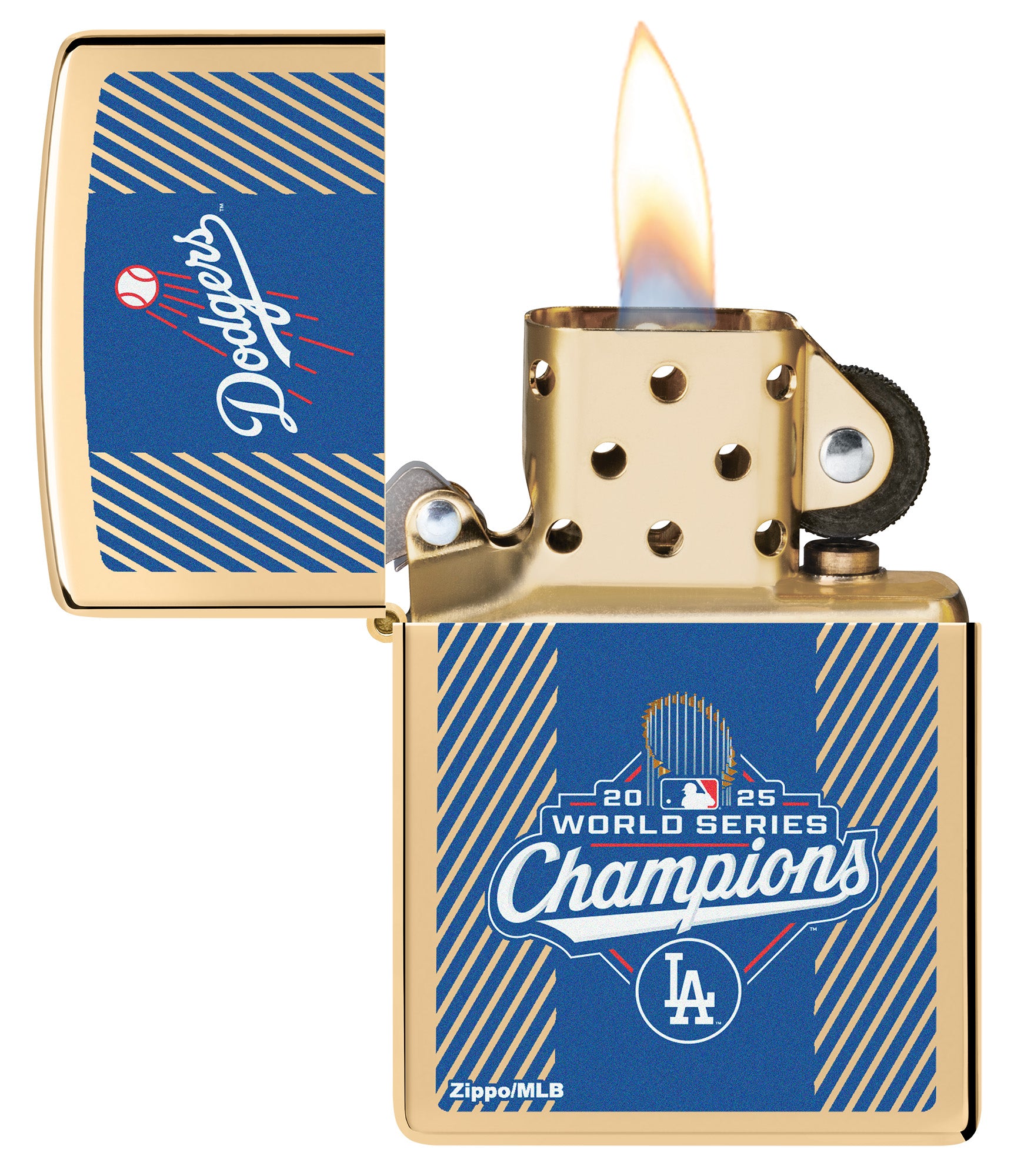 2025 World Series™ Champions - Los Angeles Dodgers™ Commemorative Lighter with its lid open and lit.