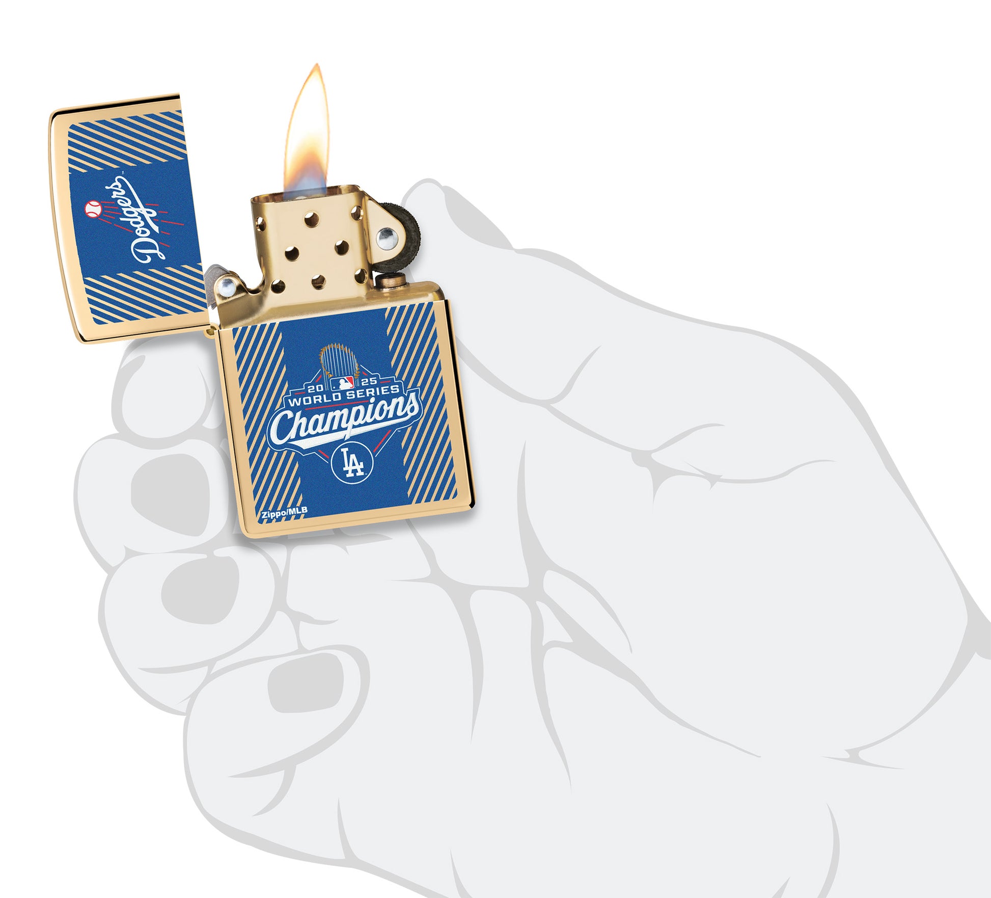 2025 World Series™ Champions - Los Angeles Dodgers™ Commemorative Lighter lit in hand.