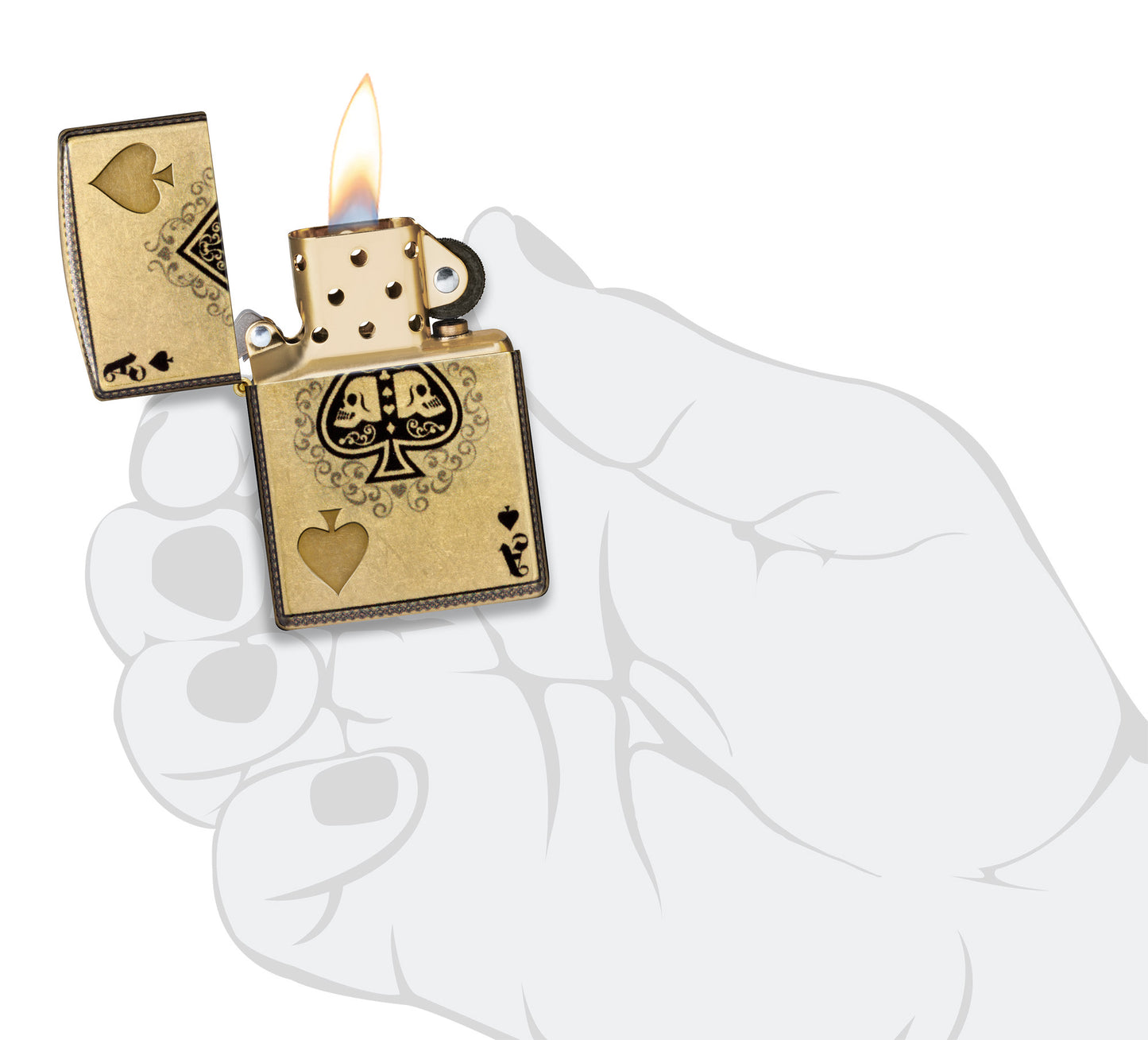 Zippo Ace of Skulls Design 540 Tumbled Brass Windproof Lighter lit in hand.
