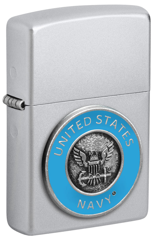 Front view of Zippo United States NavyÂ® Emblem Satin Chrome Windproof Lighter standing at a 3/4 angle.