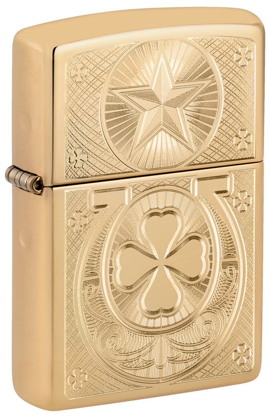 Front shot of Zippo Lucky Horseshoe Design High Polish Brass Windproof Lighter standing at a 3/4 angle.