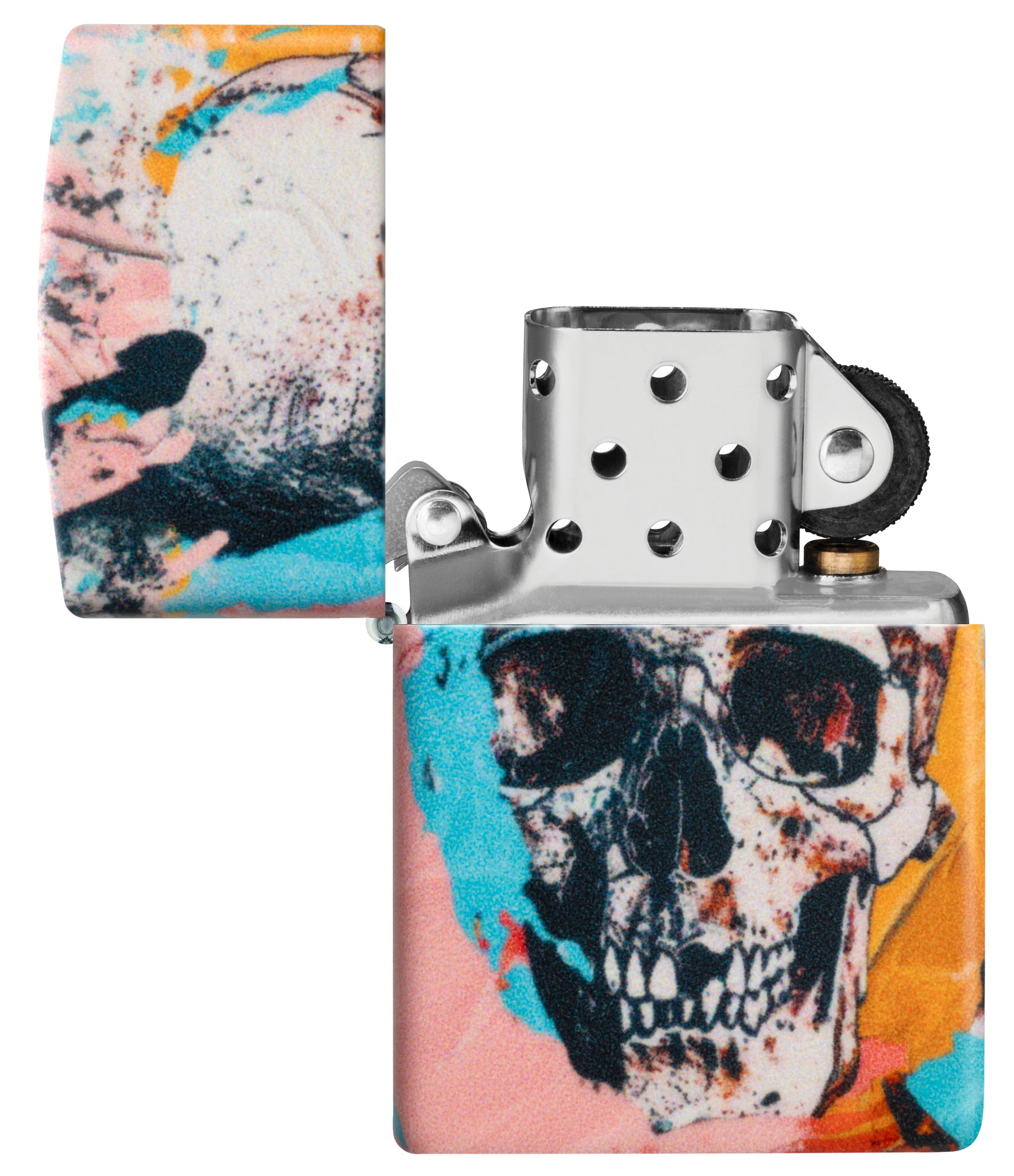 Zippo Graffiti Skull Design 540 Matte Windproof Lighter with its lid open and unlit.