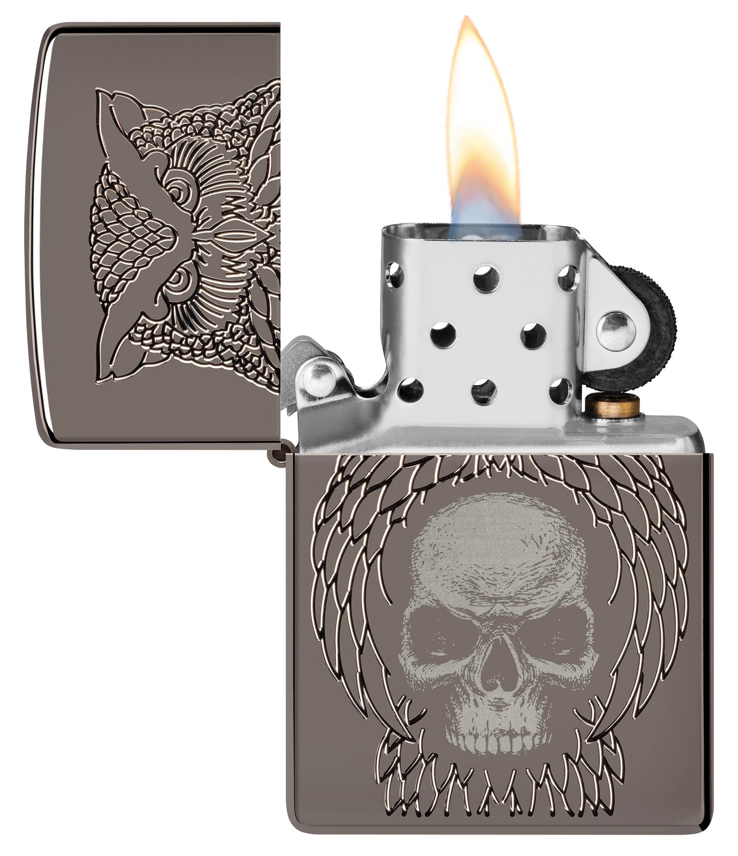 Zippo Night Owl Design Armor Black Ice Windproof Lighter with its lid open and lit.
