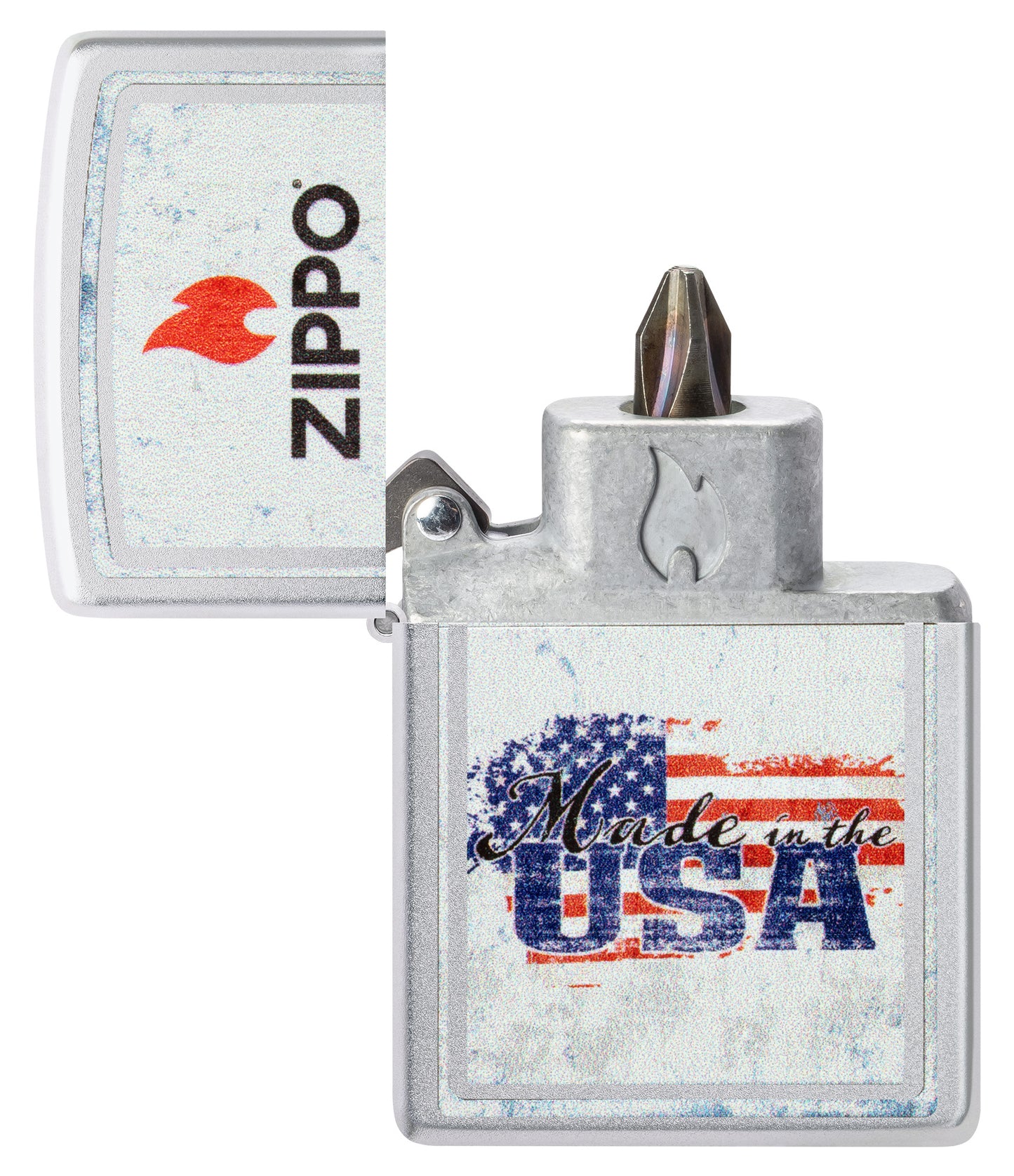 Made in the USA Design Windproof Lighter with its lid open and showing the Bit Safe Screwdriver USA.
