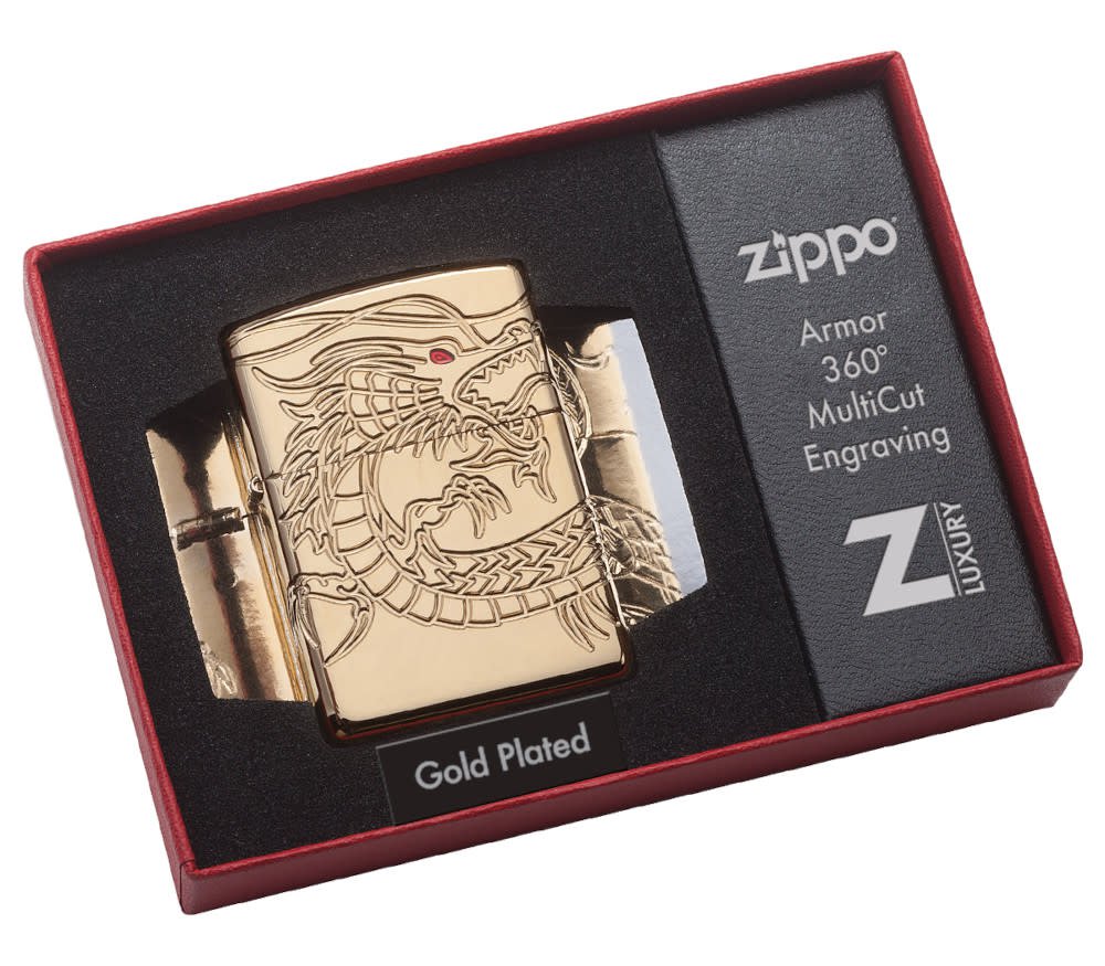 ArmorÂ® Asian Dragon 360-Degree Gold-Plate Windproof Lighter in its packaging
