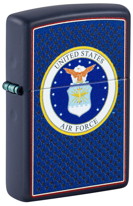 Front shot of Zippo U.S. Air Forceâ„¢ Navy Matte Windproof Lighter standing at a 3/4 angle.