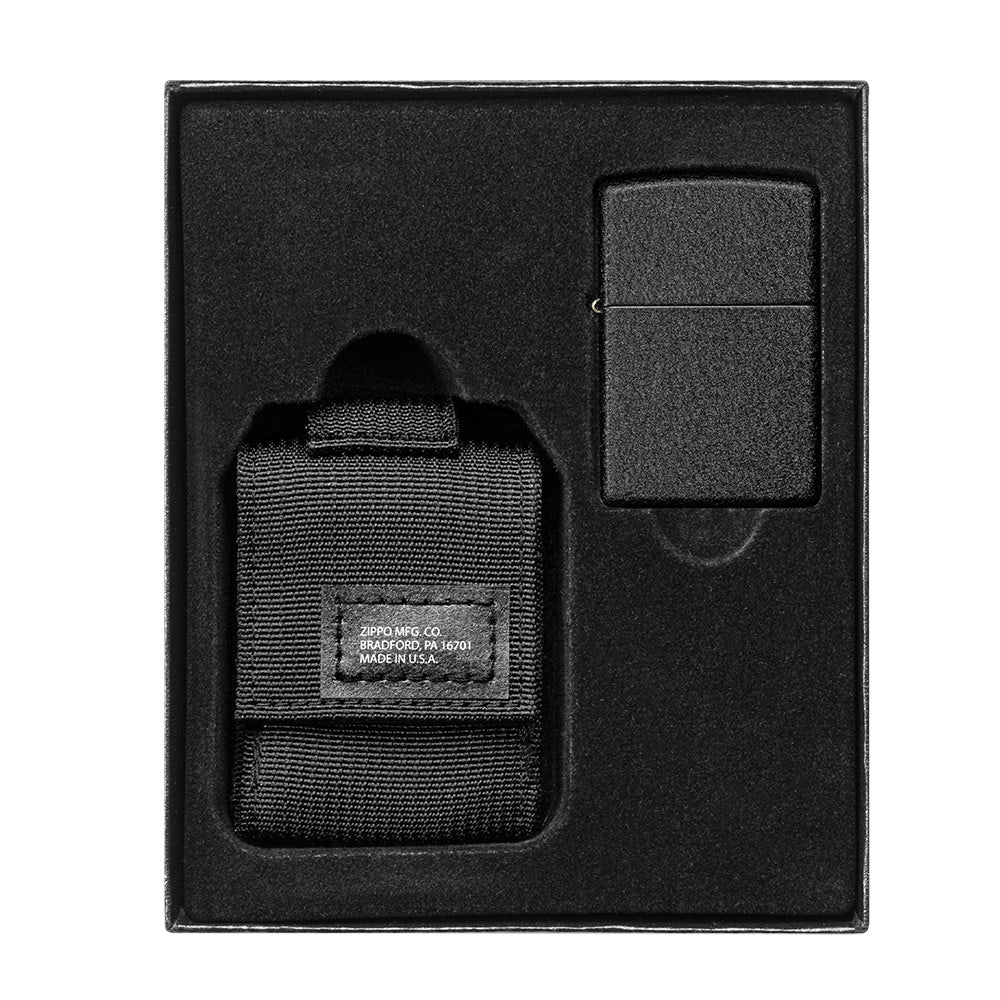 Black Tactical Pouch and Black CrackleÂ® Windproof Lighter Gift Set in packaging