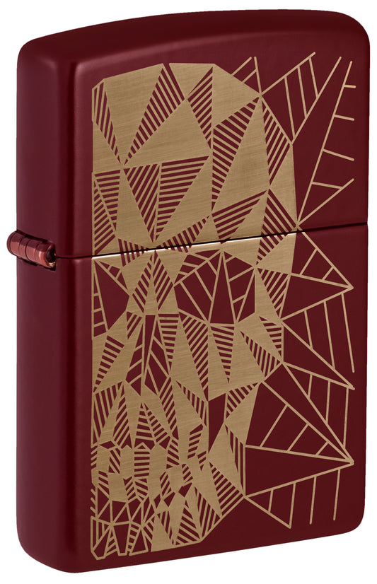 Front shot of Zippo Geometric Skull Design Merlot Windproof Lighter  standing at a 3/4 angle.