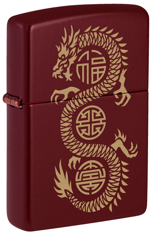 Front shot of Zippo Lucky Dragon Design Merlot Windproof Lighter standing at a 3/4 angle.