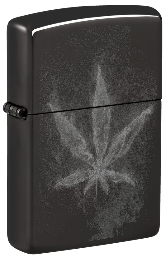 Front shot of Zippo Wispy Leaf Design High Polish Black Windproof Lighter standing at a 3/4 angle.