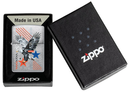 Zippo Abstract Americana Design Brushed Chrome Windproof Lighter in its packaging.