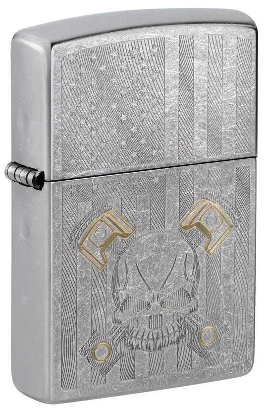 Front shot of Zippo American Skull Bit Safe Design Windproof Lighter standing at a 3/4 angle.