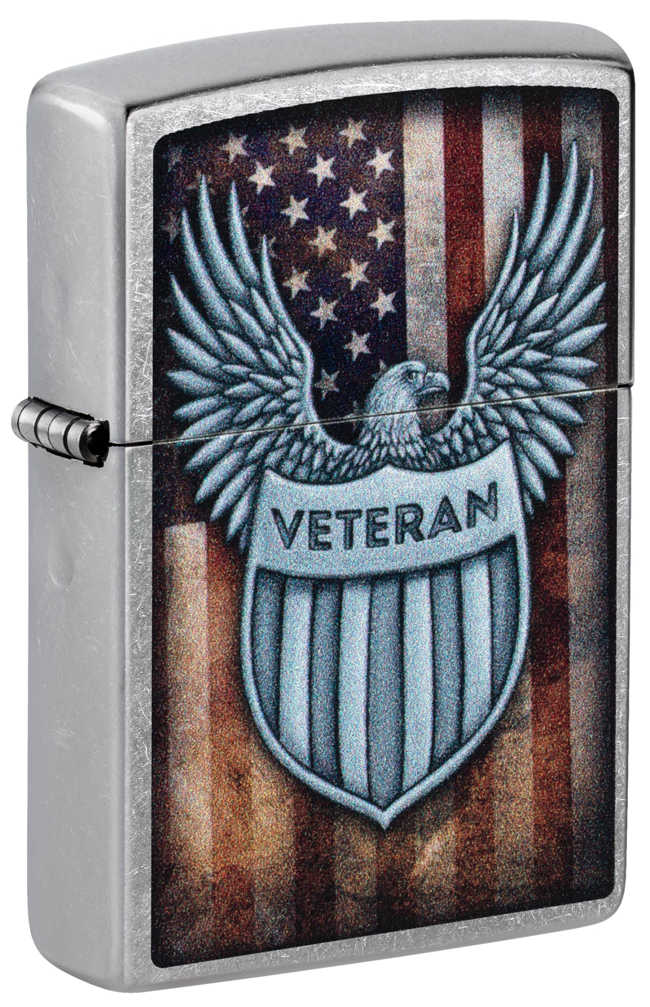 Front shot of Zippo Veteran Crest Design Street Chrome Windproof Lighter standing at a 3/4 angle.