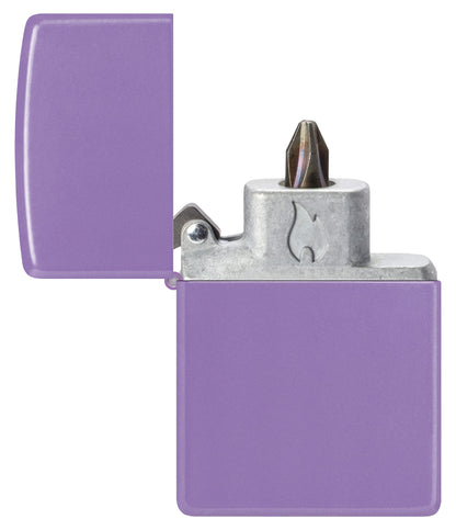 Zippo Classic Smoky Lavender Windproof Lighter with its lid open and showing the Bit Safe Screwdriver USA. 