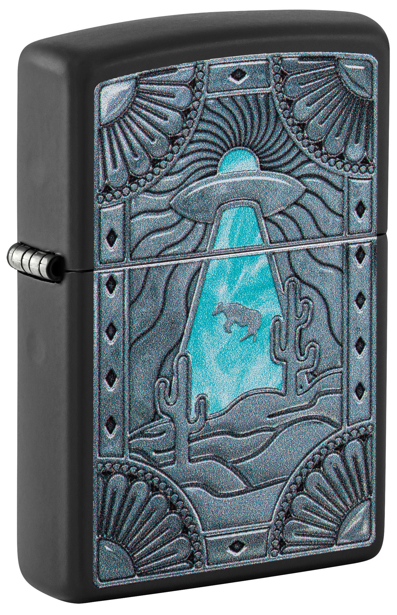 Front shot of Zippo Cow Abduction Design Black Matte Windproof Lighter standing at a 3/4 angle.